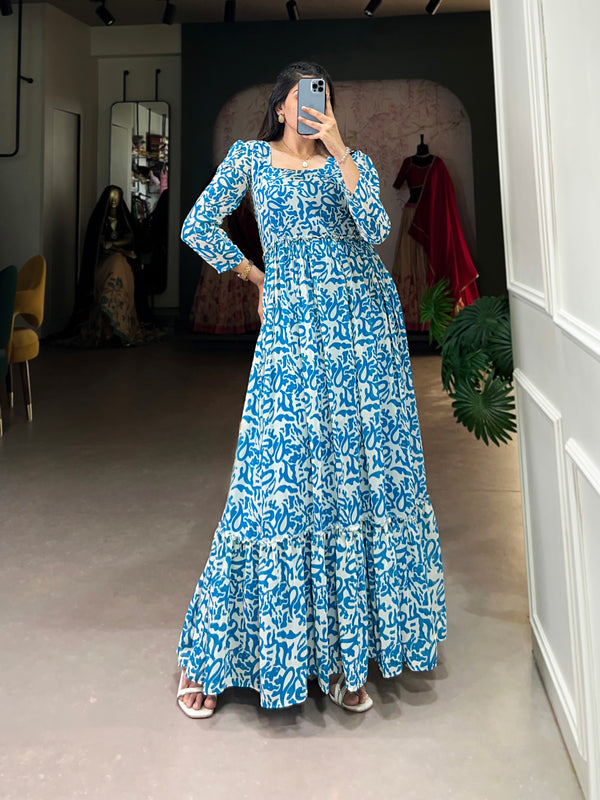 Lorenvalley Blue Georgette Printed Gown - Distacart