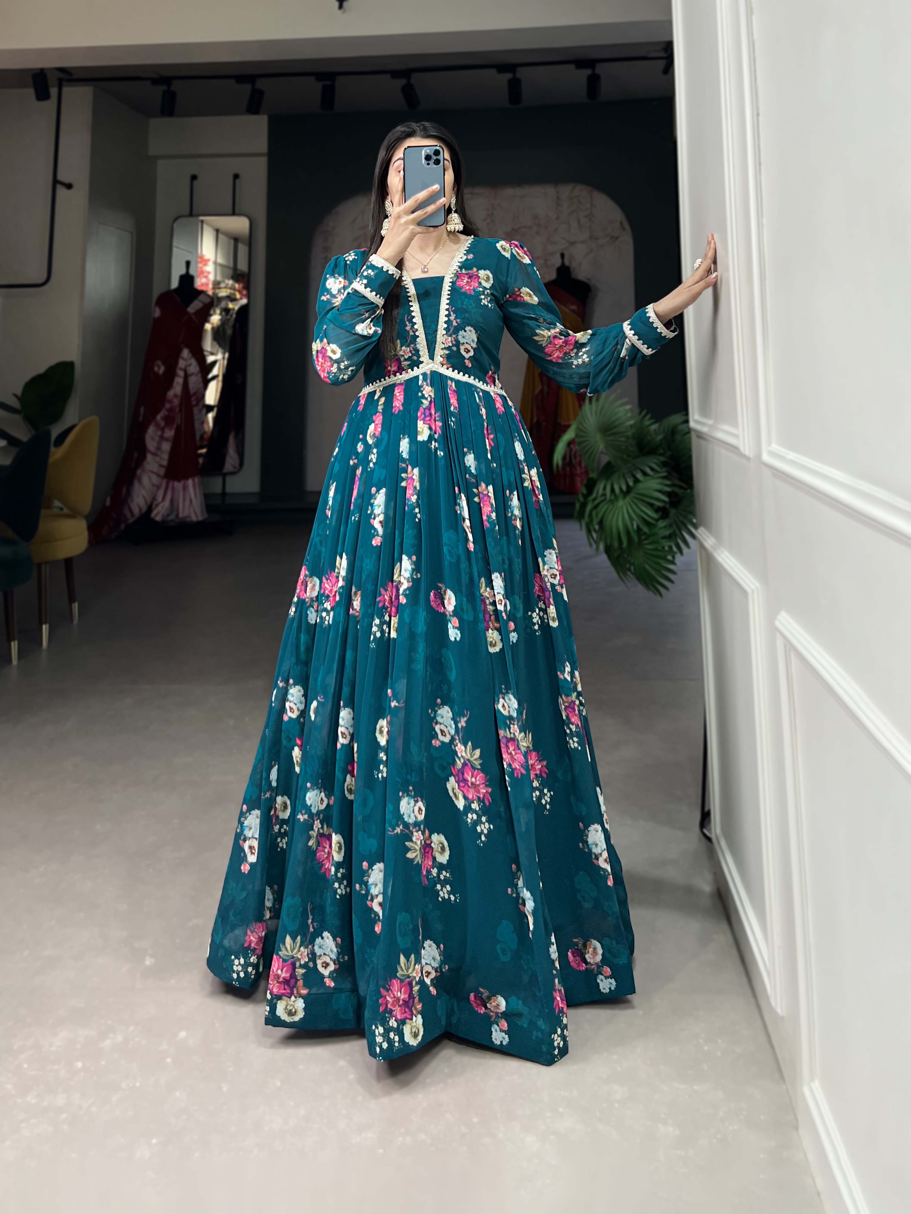 Lorenvalley Teal Georgette Floral print with Lace Border Gown - Distacart