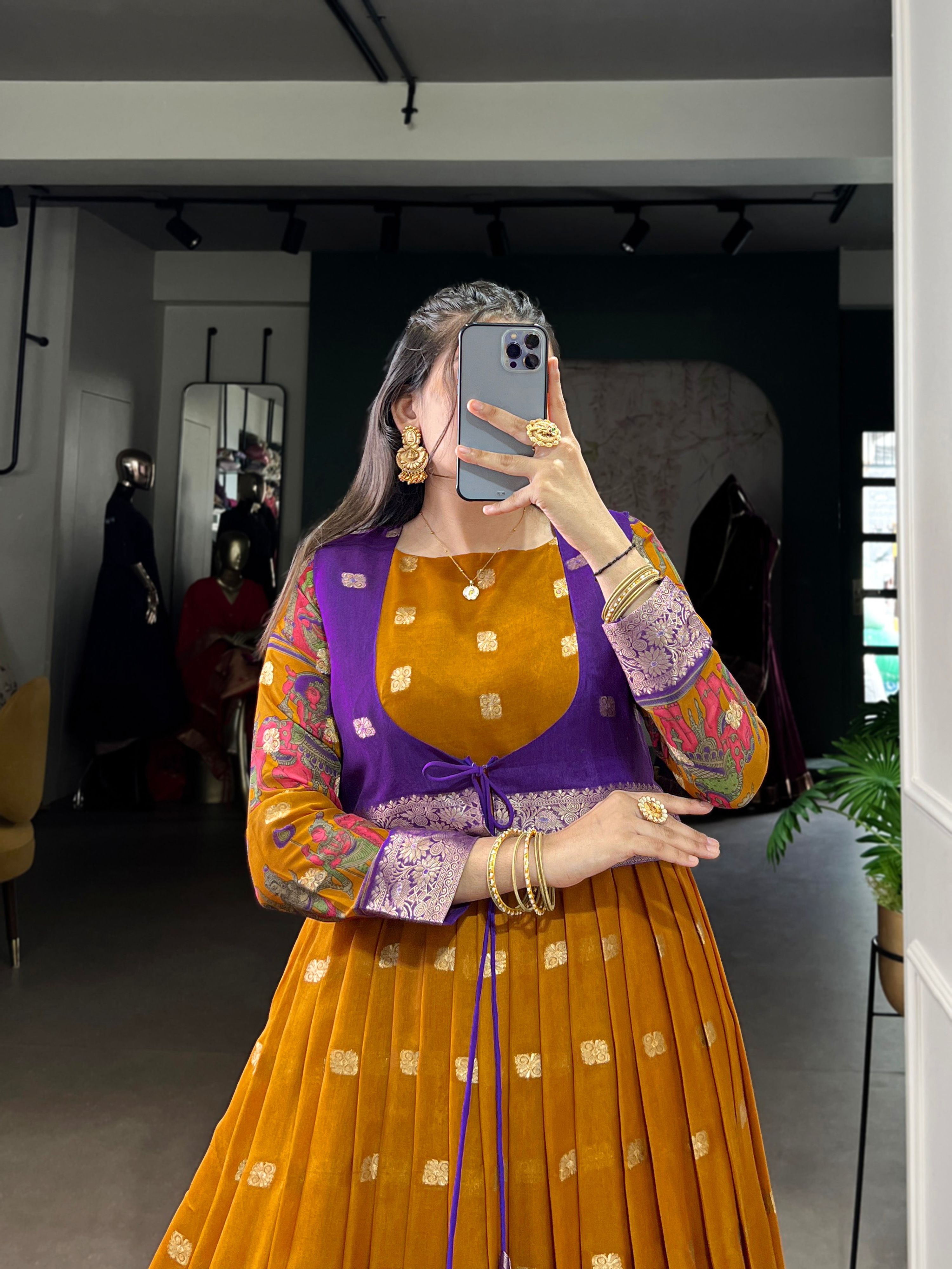 Lorenvalley Fashion Mustard Poly Cotton Kalamkari Print With Zari Weaving Work Border Gown with Koti
