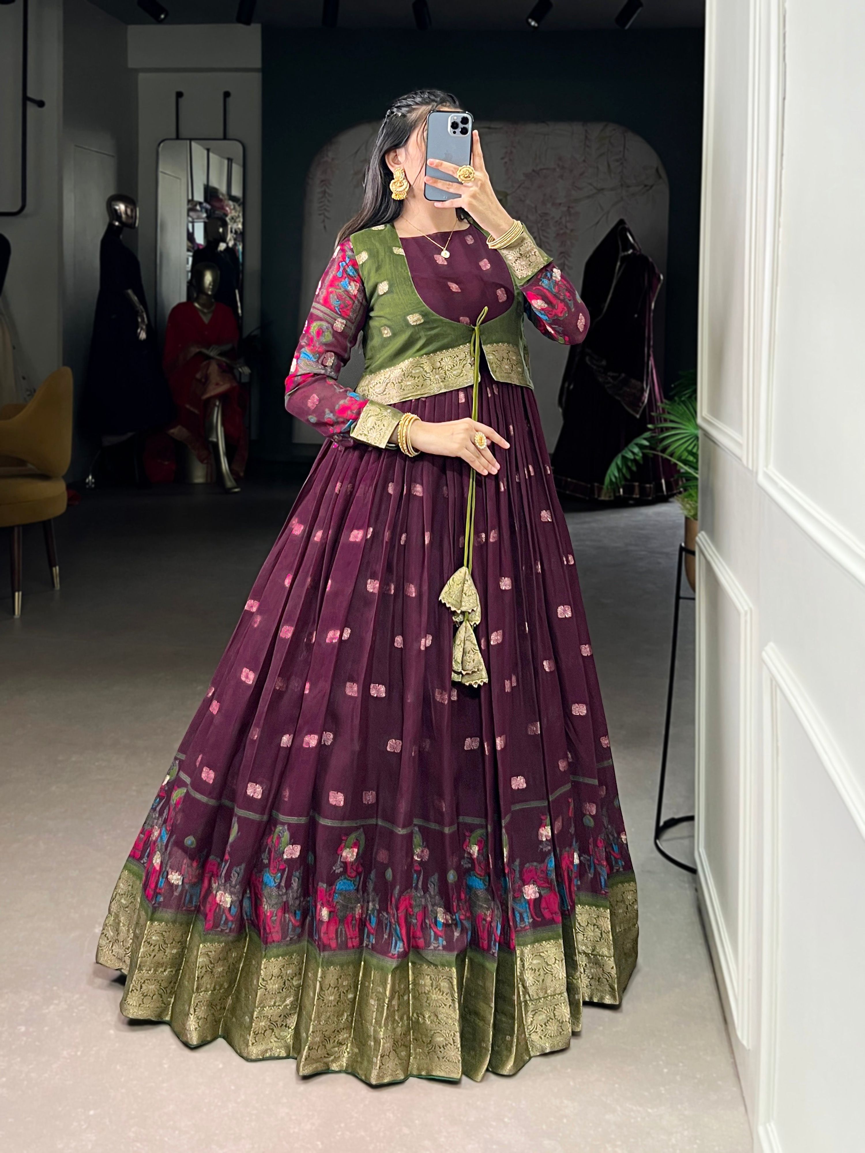 Lorenvalley Fashion Wine Poly Cotton Kalamkari Print With Zari Weaving Work Border Gown with Koti
