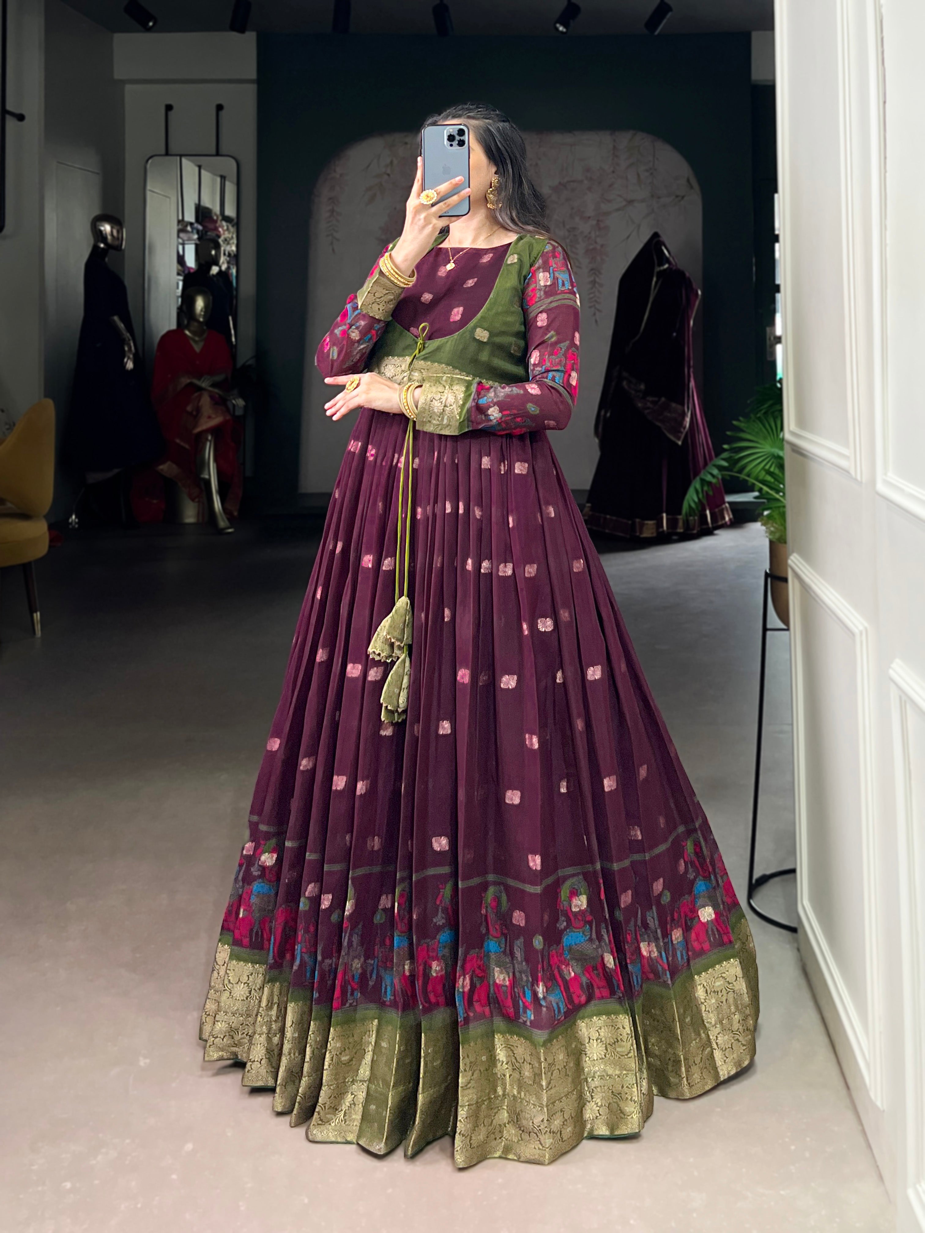 Lorenvalley Fashion Wine Poly Cotton Kalamkari Print With Zari Weaving Work Border Gown with Koti