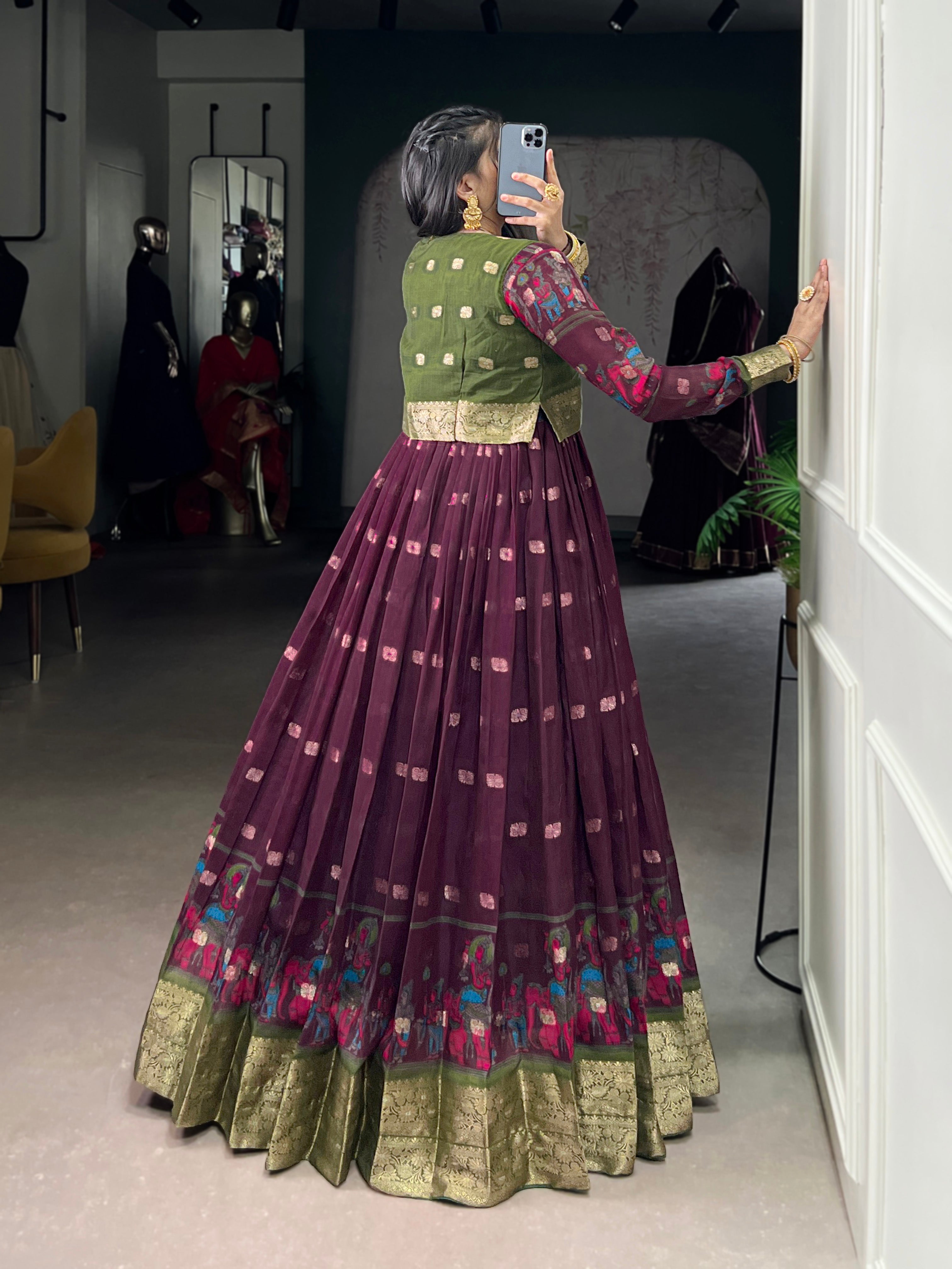 Lorenvalley Fashion Wine Poly Cotton Kalamkari Print With Zari Weaving Work Border Gown with Koti