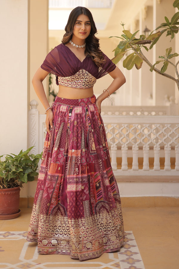 Vedant Vastram Digital Printed With Foil Embroidery Work Russian Silk Lehenga Choli With Blouse - Wine - Distacart