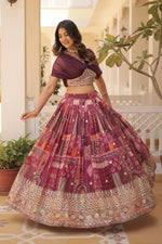 Thumbnail for Vedant Vastram Digital Printed With Foil Embroidery Work Russian Silk Lehenga Choli With Blouse - Wine - Distacart