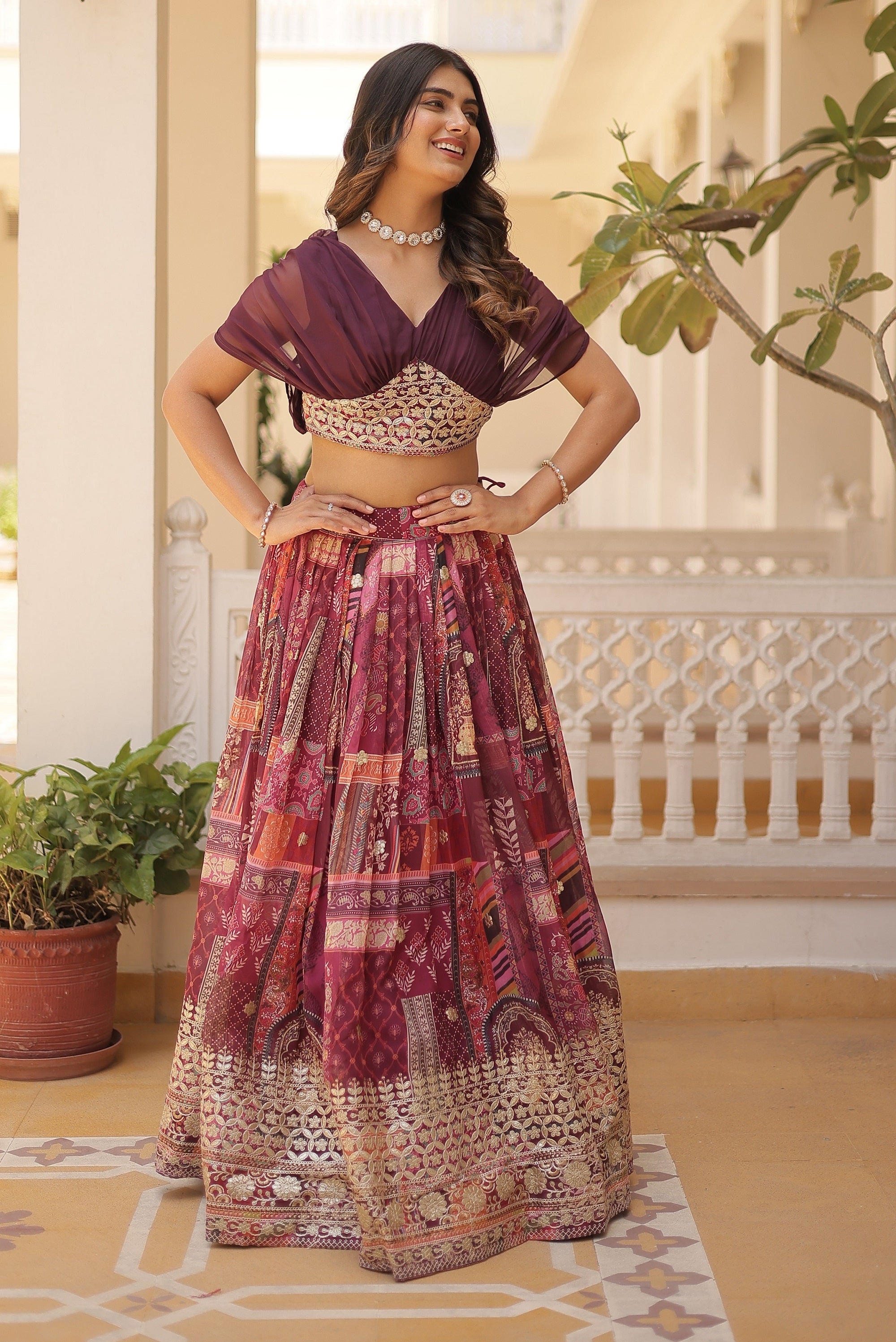 Vedant Vastram Digital Printed With Foil Embroidery Work Russian Silk Lehenga Choli With Blouse - Wine - Distacart