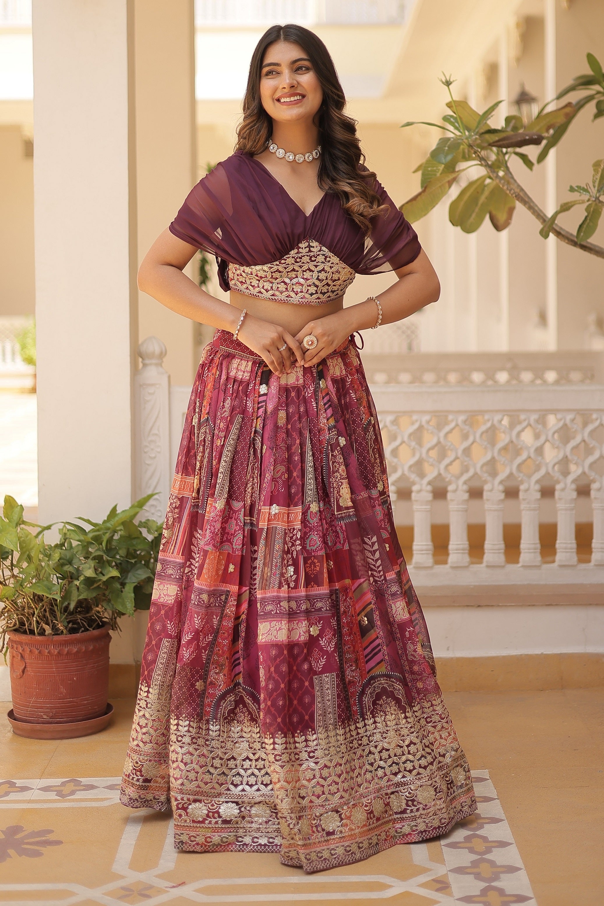 Vedant Vastram Digital Printed With Foil Embroidery Work Russian Silk Lehenga Choli With Blouse - Wine - Distacart