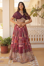 Thumbnail for Vedant Vastram Digital Printed With Foil Embroidery Work Russian Silk Lehenga Choli With Blouse - Wine - Distacart