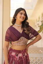 Thumbnail for Vedant Vastram Digital Printed With Foil Embroidery Work Russian Silk Lehenga Choli With Blouse - Wine - Distacart