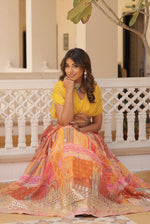 Thumbnail for Vedant Vastram Digital Printed With Foil Embroidery Work Russian Silk Lehenga Choli With Blouse - Yellow - Distacart