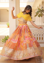 Thumbnail for Vedant Vastram Digital Printed With Foil Embroidery Work Russian Silk Lehenga Choli With Blouse - Yellow - Distacart