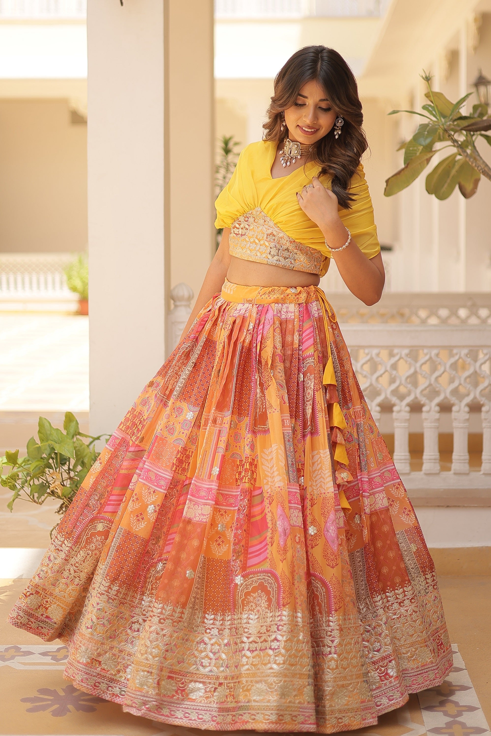 Vedant Vastram Digital Printed With Foil Embroidery Work Russian Silk Lehenga Choli With Blouse - Yellow - Distacart