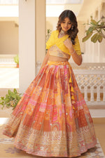 Thumbnail for Vedant Vastram Digital Printed With Foil Embroidery Work Russian Silk Lehenga Choli With Blouse - Yellow - Distacart
