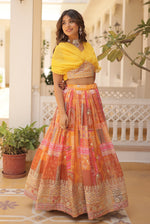 Thumbnail for Vedant Vastram Digital Printed With Foil Embroidery Work Russian Silk Lehenga Choli With Blouse - Yellow - Distacart