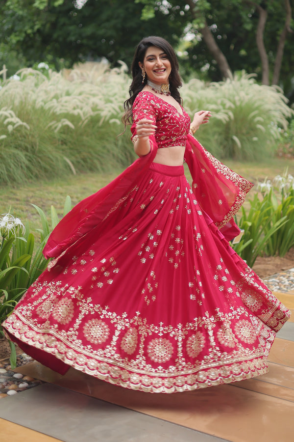 Vedant Vastram Heavy Sequins & Thread Embroidered Work Rangoli Silk Lehenga Choli With Blouse & Dupatta - Pink - Distacart