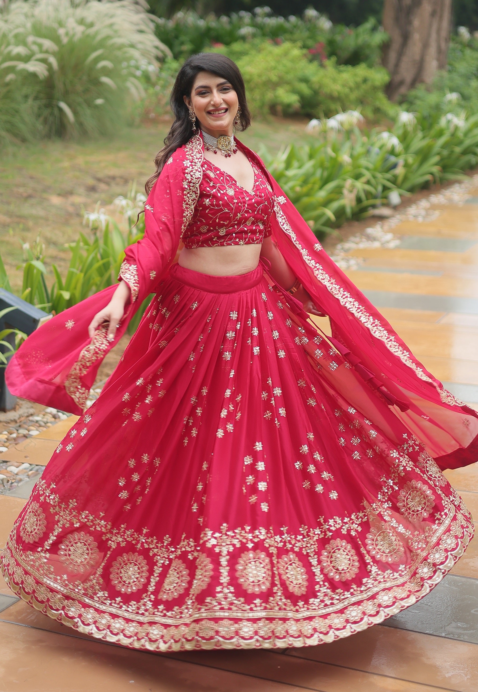 Vedant Vastram Heavy Sequins & Thread Embroidered Work Rangoli Silk Lehenga Choli With Blouse & Dupatta - Pink - Distacart