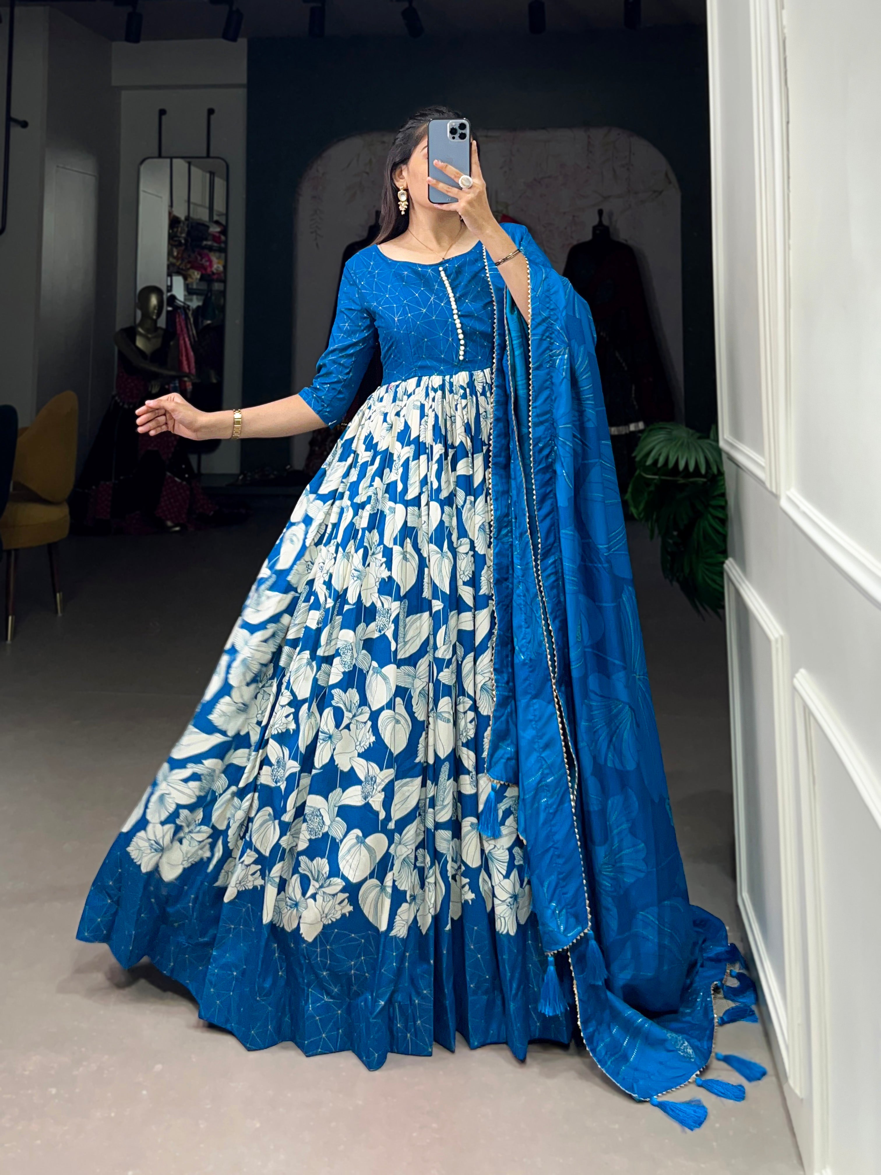 Lorenvalley Blue Tussar Silk Floral Print With Foil Print Gown with Dupatta - Distacart
