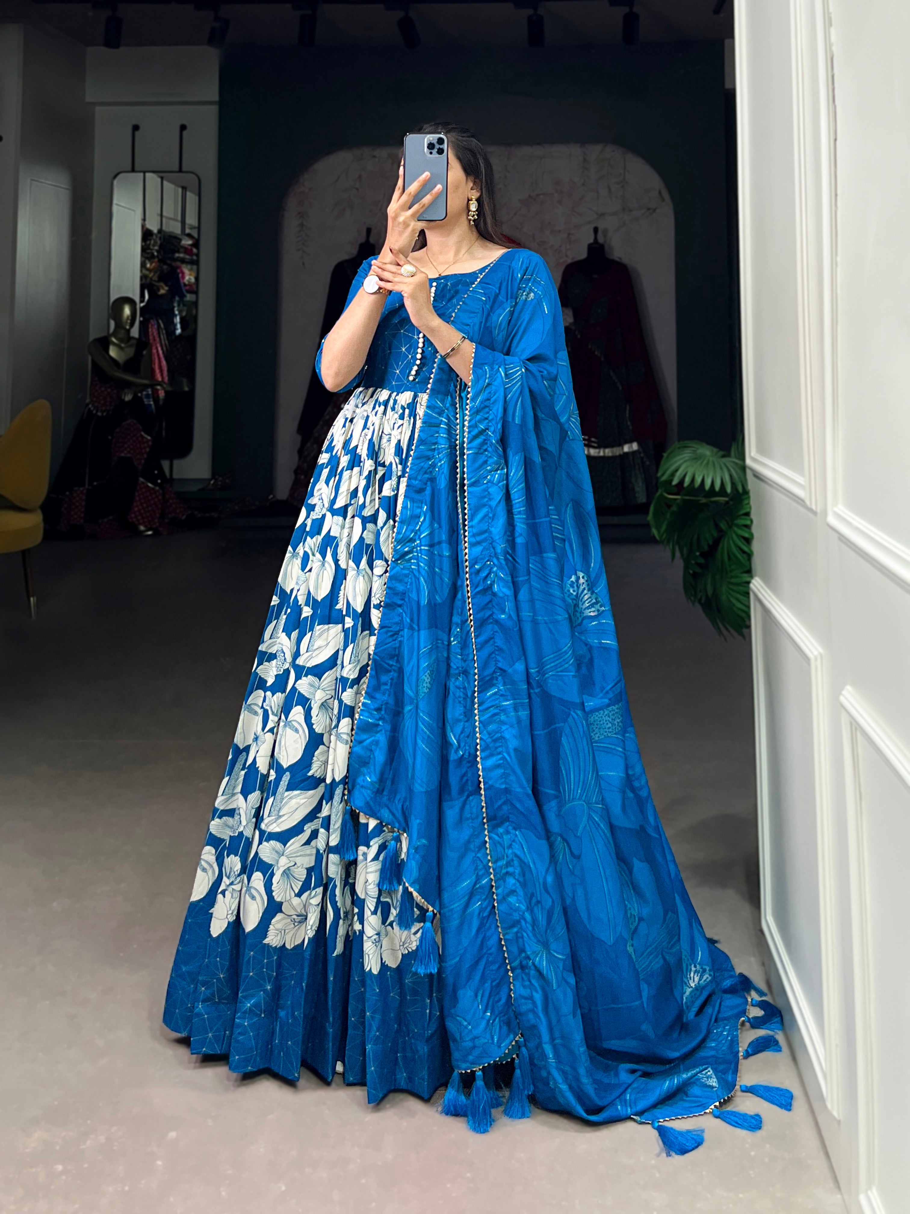 Lorenvalley Blue Tussar Silk Floral Print With Foil Print Gown with Dupatta - Distacart