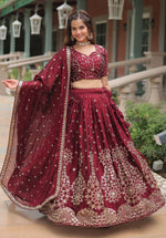 Thumbnail for Vedant Vastram Heavy Sequins & Thread Embroidered Work Rangoli Silk Lehenga Choli With Blouse & Dupatta - Maroon - Distacart