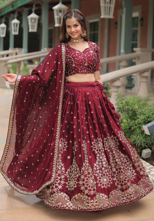 Vedant Vastram Heavy Sequins & Thread Embroidered Work Rangoli Silk Lehenga Choli With Blouse & Dupatta - Maroon - Distacart