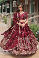 Thumbnail for Vedant Vastram Heavy Sequins & Thread Embroidered Work Rangoli Silk Lehenga Choli With Blouse & Dupatta - Maroon - Distacart