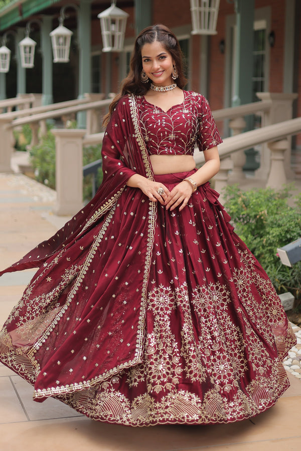 Vedant Vastram Heavy Sequins & Thread Embroidered Work Rangoli Silk Lehenga Choli With Blouse & Dupatta - Maroon - Distacart