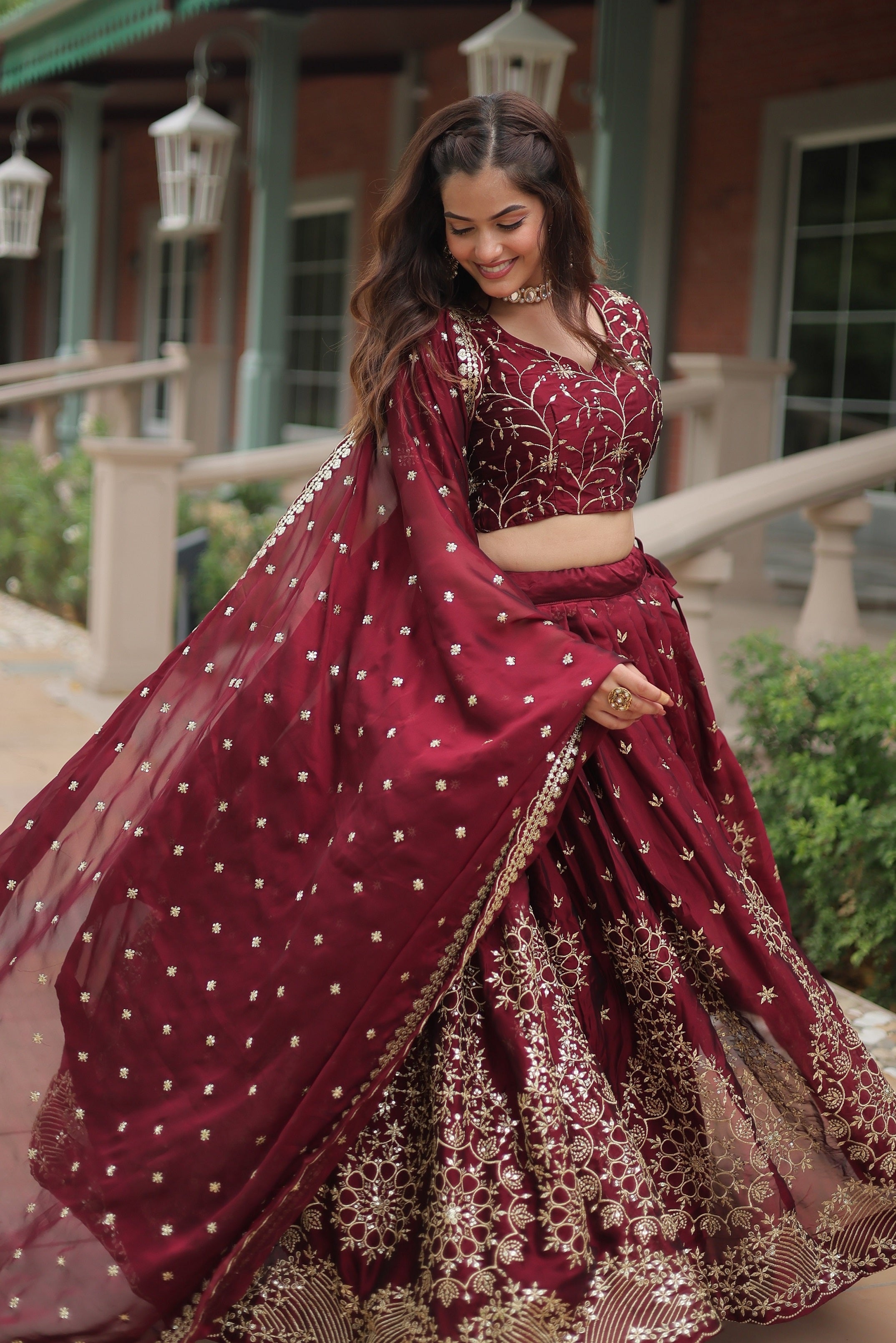 Vedant Vastram Heavy Sequins & Thread Embroidered Work Rangoli Silk Lehenga Choli With Blouse & Dupatta - Maroon - Distacart