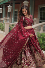 Thumbnail for Vedant Vastram Heavy Sequins & Thread Embroidered Work Rangoli Silk Lehenga Choli With Blouse & Dupatta - Maroon - Distacart