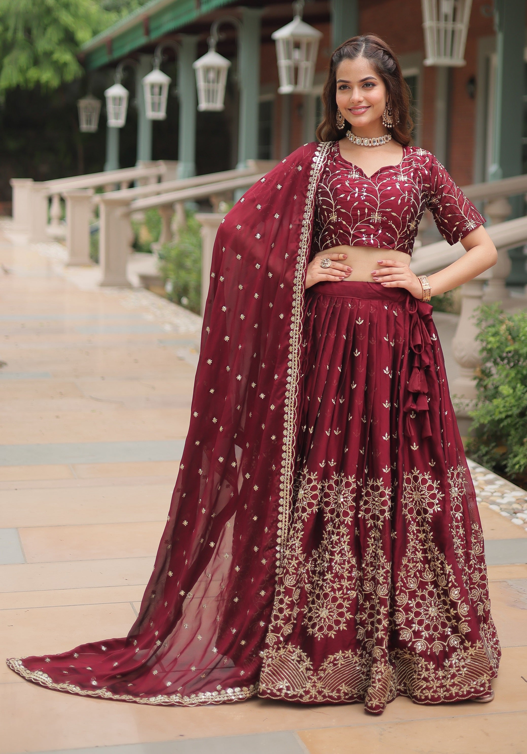 Vedant Vastram Heavy Sequins & Thread Embroidered Work Rangoli Silk Lehenga Choli With Blouse & Dupatta - Maroon - Distacart