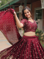 Thumbnail for Vedant Vastram Heavy Sequins & Thread Embroidered Work Rangoli Silk Lehenga Choli With Blouse & Dupatta - Maroon - Distacart