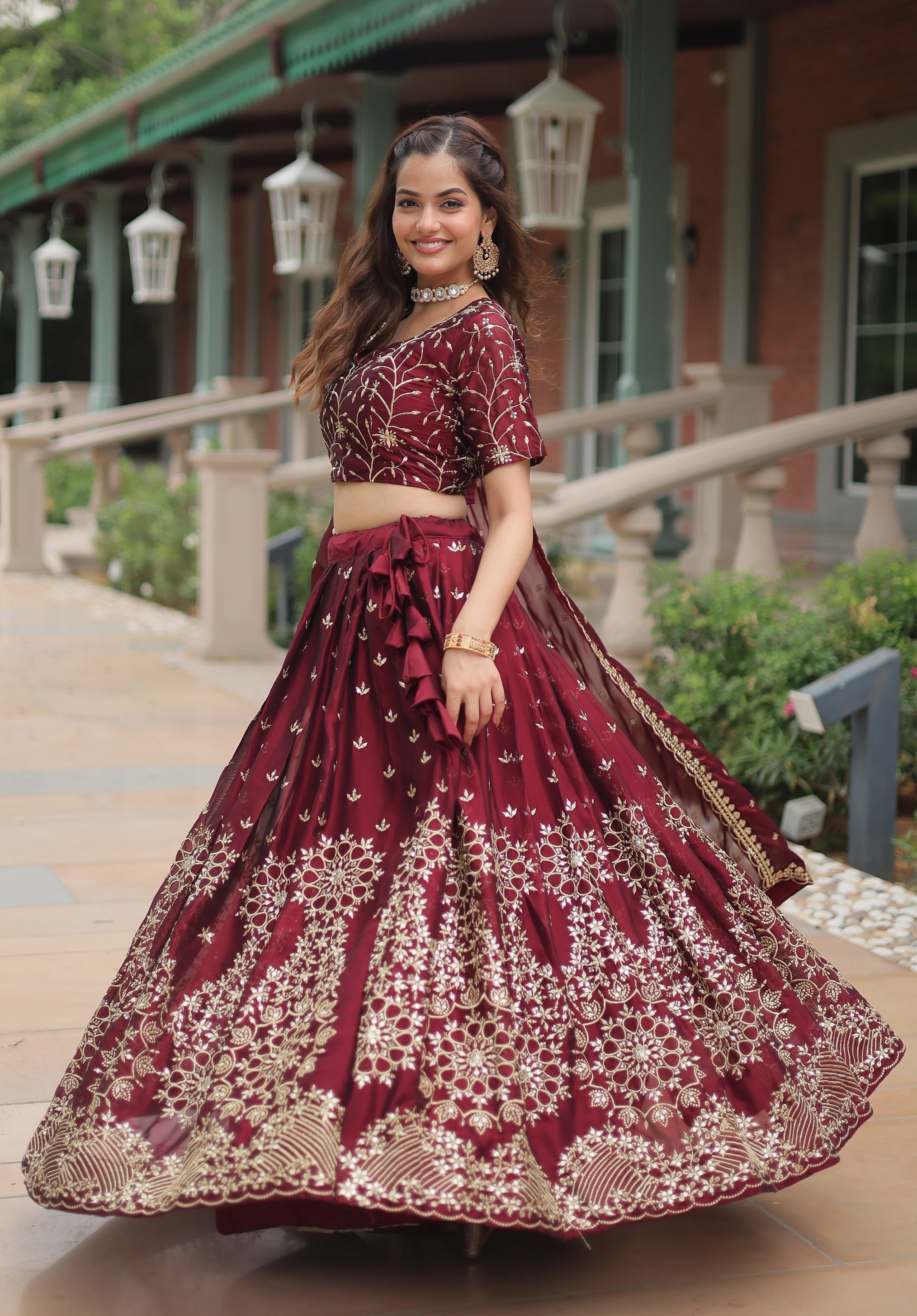 Vedant Vastram Heavy Sequins & Thread Embroidered Work Rangoli Silk Lehenga Choli With Blouse & Dupatta - Maroon - Distacart