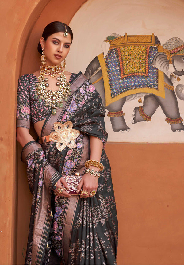 Monjolika Fashion Black Color Digitally Printed Weaving Silk Saree With Blouse