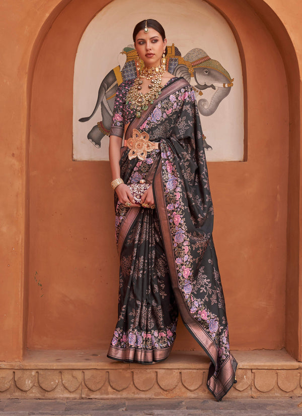 Monjolika Fashion Black Color Digitally Printed Weaving Silk Saree With Blouse