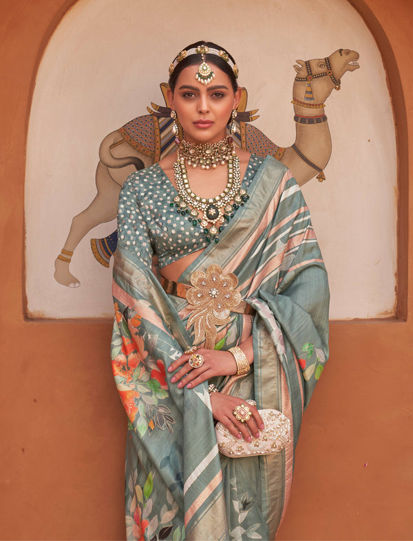 Monjolika Fashion Light Teal Color Digitally Printed Weaving Silk Saree With Blouse