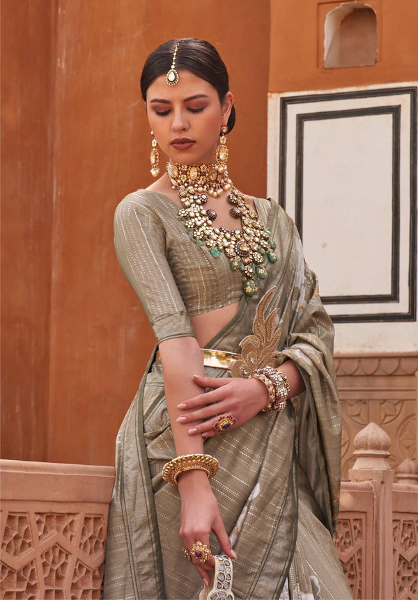 Monjolika Fashion Dark Beige Color Digitally Printed Weaving Silk Saree With Blouse
