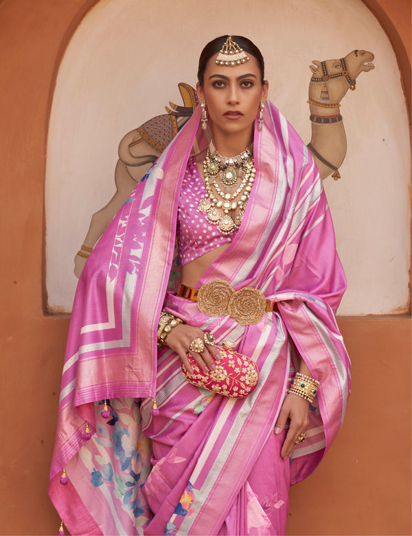 Monjolika Fashion Rose Pink Color Digitally Printed Weaving Silk Saree With Blouse