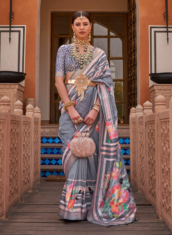 Monjolika Fashion Grey Color Digitally Printed Weaving Silk Saree With Blouse
