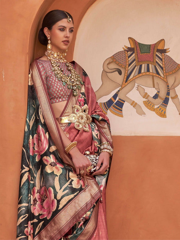 Monjolika Fashion Rust Color Digitally Printed Weaving Silk Saree With Blouse