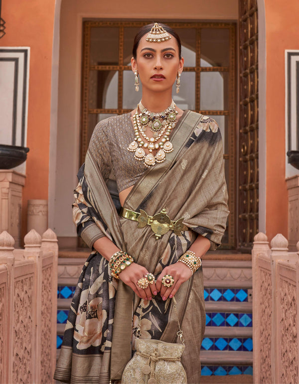 Monjolika Fashion Light Brown Color Digitally Printed Weaving Silk Saree With Blouse