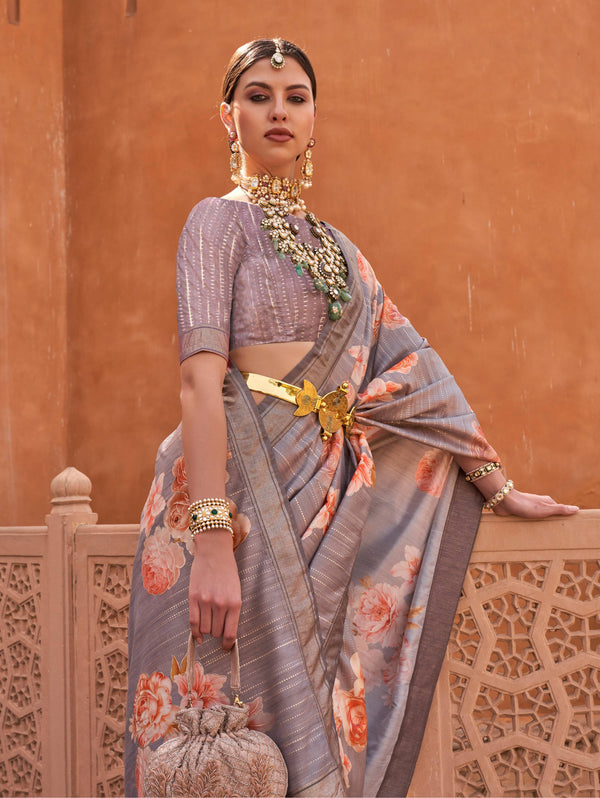 Monjolika Fashion Light Grey Color Digitally Printed Weaving Silk Saree With Blouse