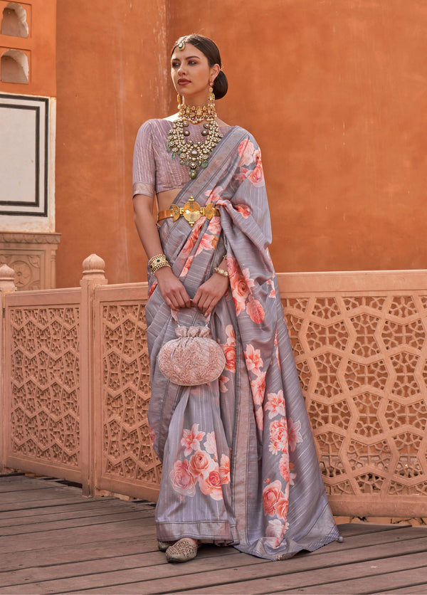 Monjolika Fashion Light Grey Color Digitally Printed Weaving Silk Saree With Blouse