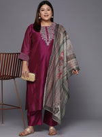 Thumbnail for Sztori Plus Size Yoke Design Regular Sequinned Chanderi Silk Kurta & Trousers With Dupatta - Distacart