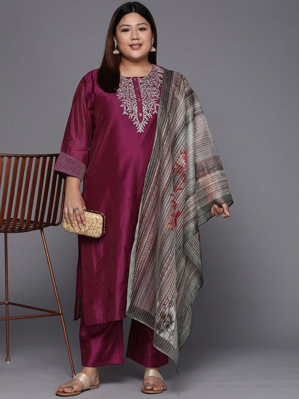 Sztori Plus Size Yoke Design Regular Sequinned Chanderi Silk Kurta & Trousers With Dupatta - Distacart
