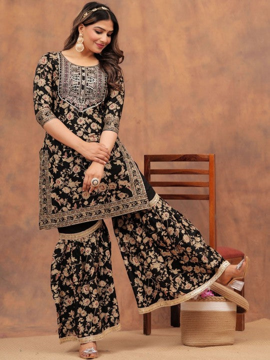 Floral Printed Gotta Patti Straight Kurta with Sharara & Dupatta (Black) - Rasiya