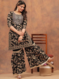 Thumbnail for Floral Printed Gotta Patti Straight Kurta with Sharara & Dupatta (Black) - Rasiya