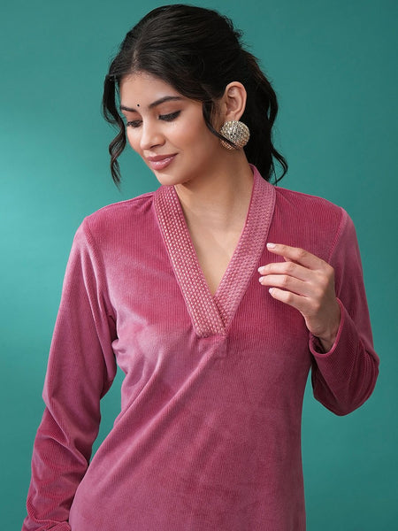 Vishudh Pink V Neck Long Sleeves Gotta Patti Kurta - Distacart