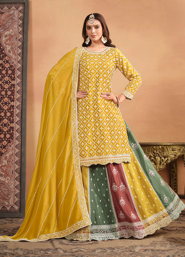 Monjolika Fashion Embroidered Chinon Silk Ethnic Lehenga In Mustard