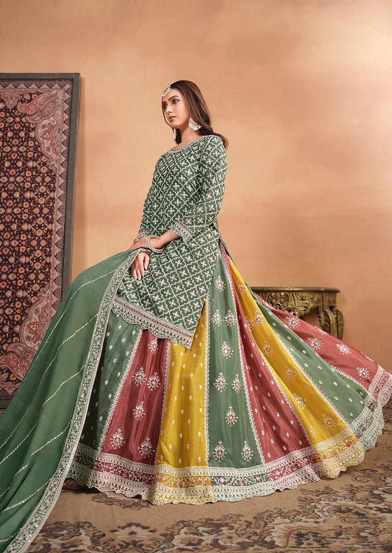 Monjolika Fashion Embroidered Chinon Silk Ethnic Lehenga In Green