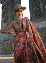 Thumbnail for Monjolika Fashion Chikoo Color Kashmiri Organza Pashmina Silk Saree With Blouse