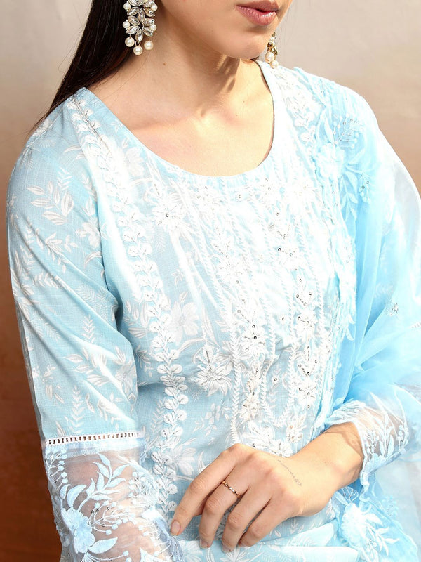 Vishudh Women Floral Embroidered Regular Thread Work Kurta with Trousers & With Dupatta - Distacart