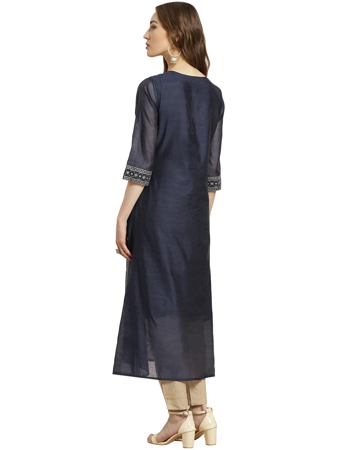 Juniper Women's Indigo Floral Printed Chanderi A-Line Kurta - Distacart